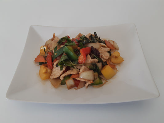 Wok fläsk med stark basilika